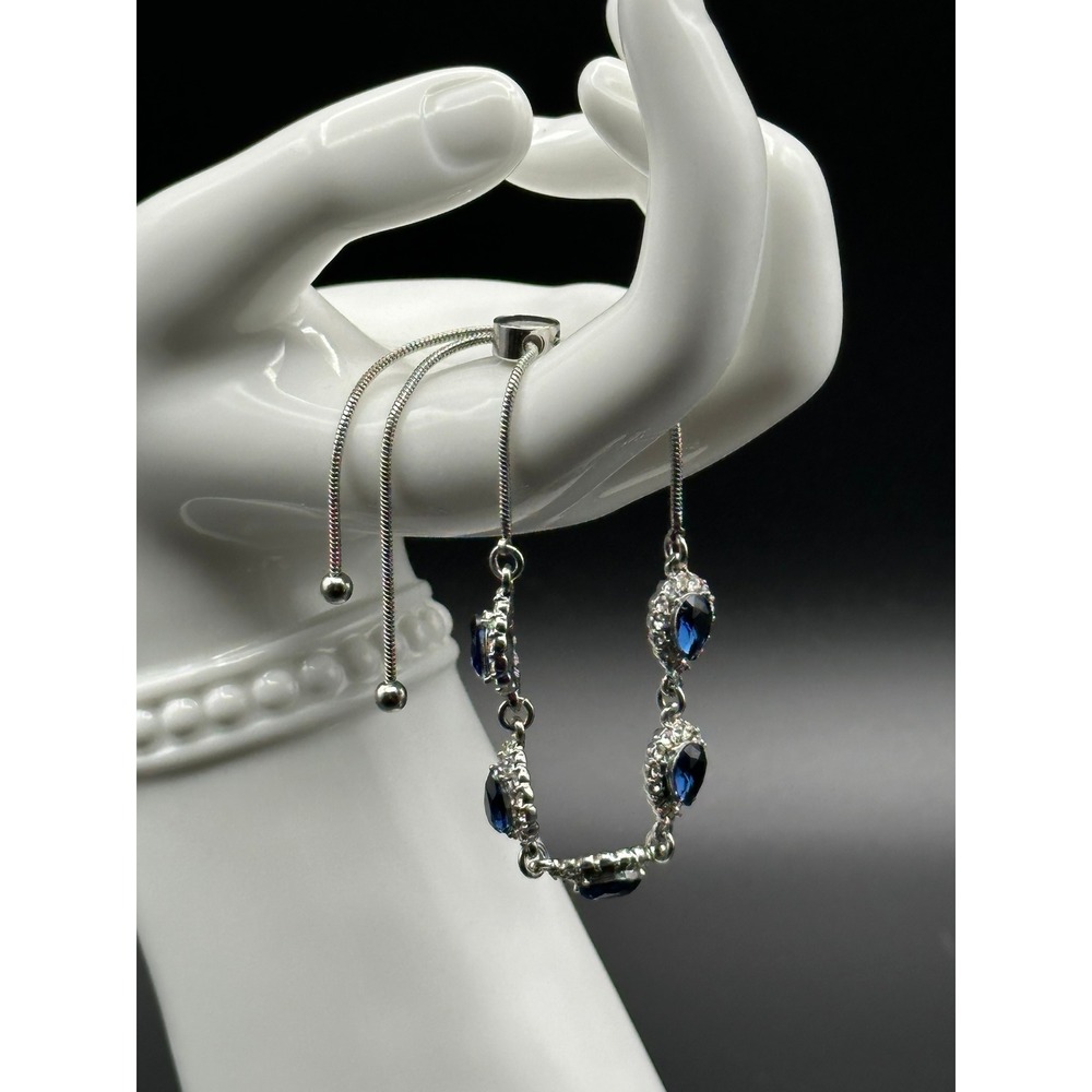 Charter Club Slider Bracelet Silver Tone Blue Pear Crystal Halo Adjustable Bolo